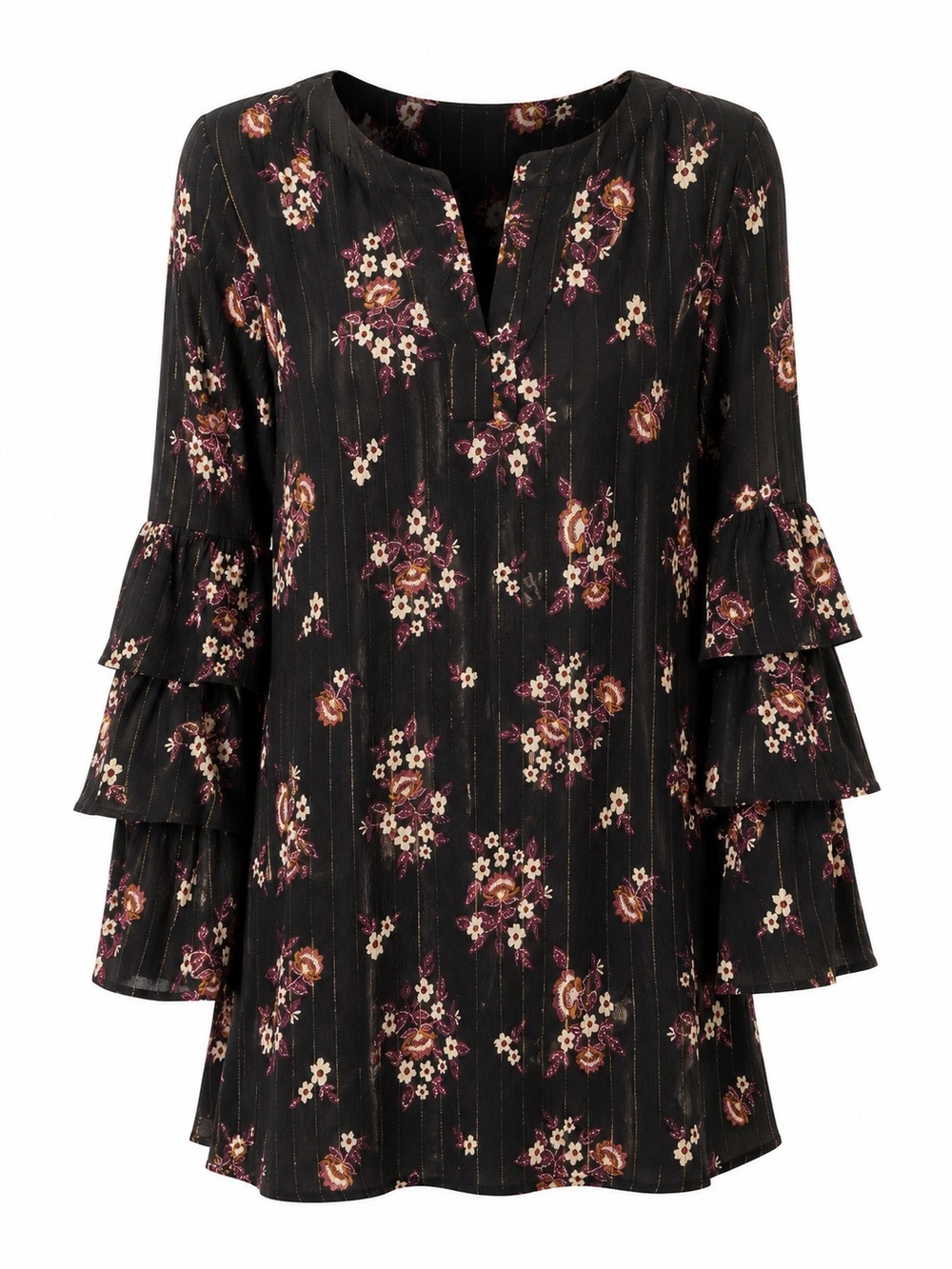 Xhilaration XS Floral Boho Bell Sleeve Tunic Black Gold Stripe Festival Dress